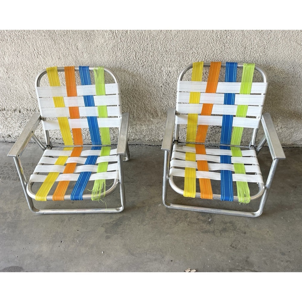 Vintage Aluminum Folding‎ Chair Beach Lawn Patio Webbed (2) Read Description